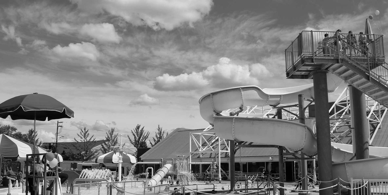The water slide and pool deck at Osborn Aquatic Center in Corvallis, Oregon